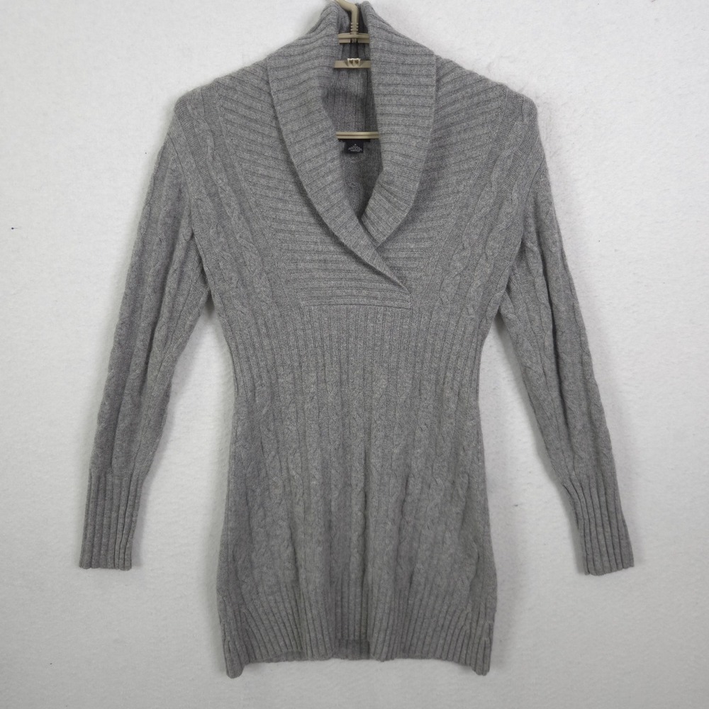 Searle Dress Sweater Women P Gray 100% Cashmere Shawl Collar Cable Knit Longline